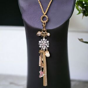 NEW Betsey Johnson Long Necklace + Extender Snowflake Pink Skis Ice Skate Mitten